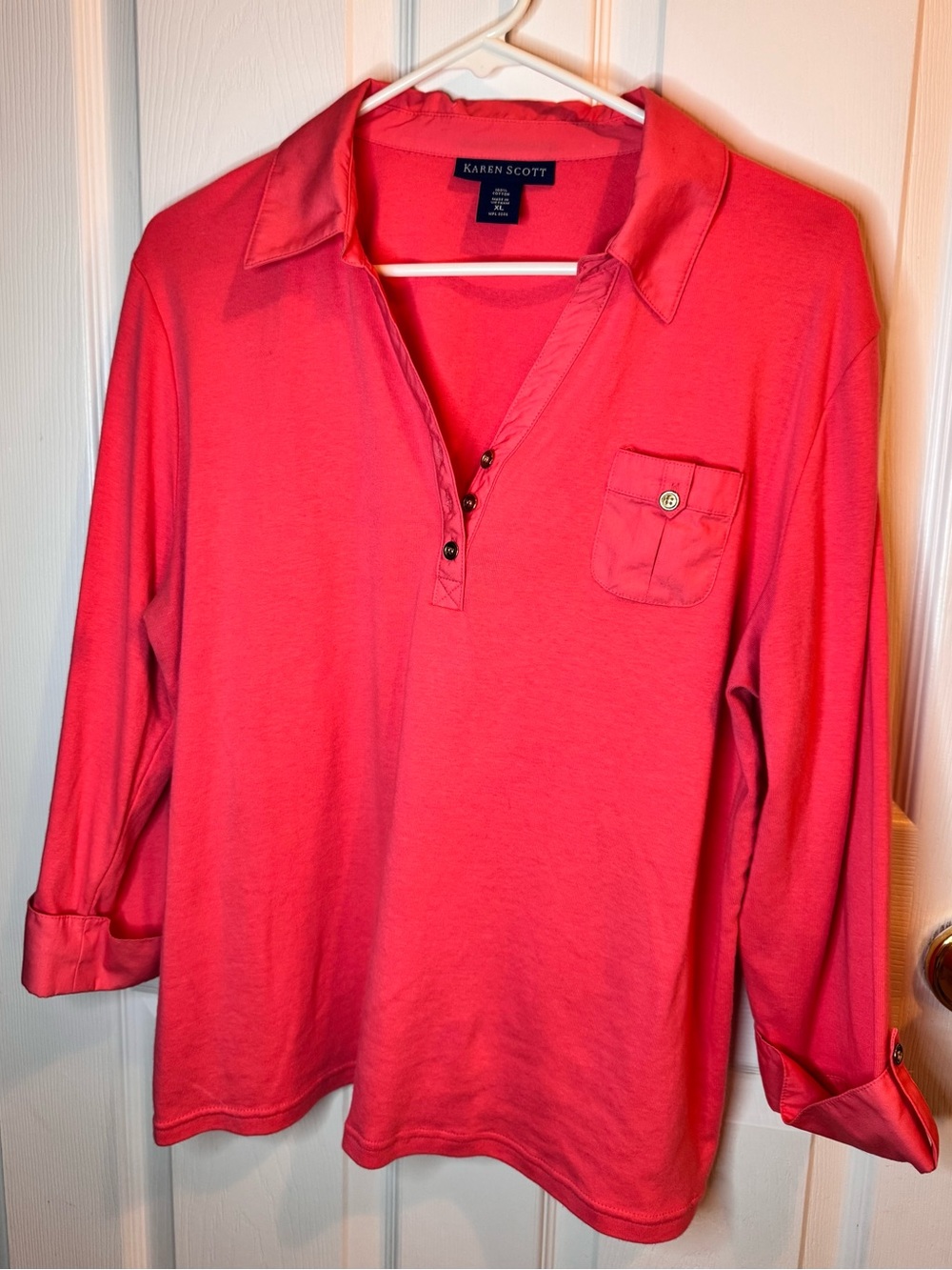 Karen Scott Coral Pink Long-Sleeve Polo Top